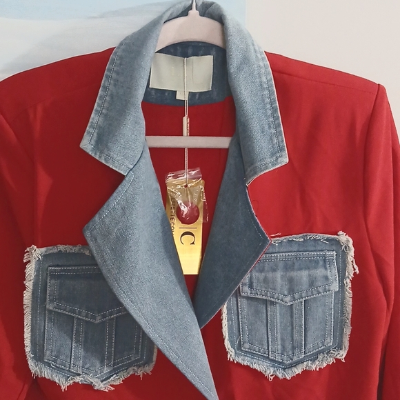 Mixed Fabrics Red Denim Blazer - Picture 3 of 4